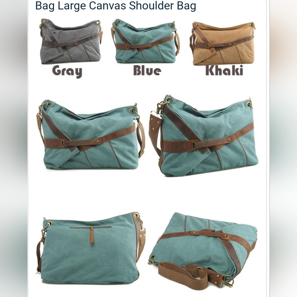 Large Canvas Messenger Bag, blue with leather and brass details